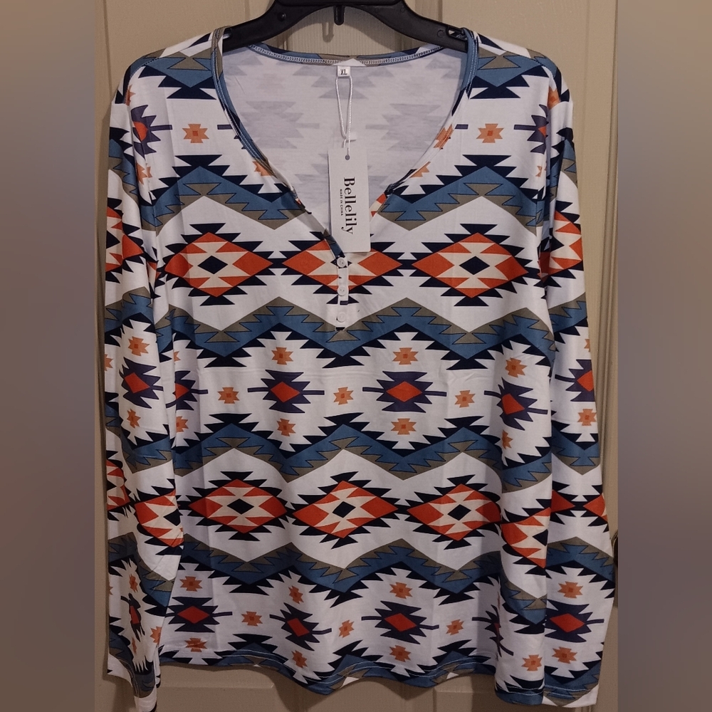 White Aztec-Print Long Sleeve V-Neck Top